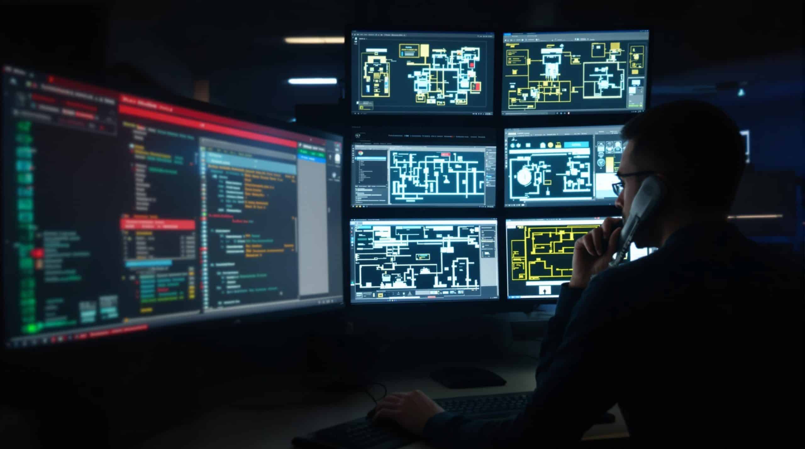 Security operator monitoring multiple screens.